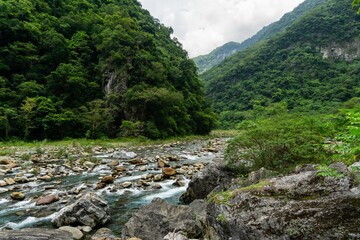 Views of a green valley at Taroko National Park in Taiwan. This is one of Taiwan main natural tourism destinations and a popular place for hikers who visit the country.