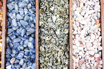 Variety of rock, mineral, and crystals on display in rock shop
