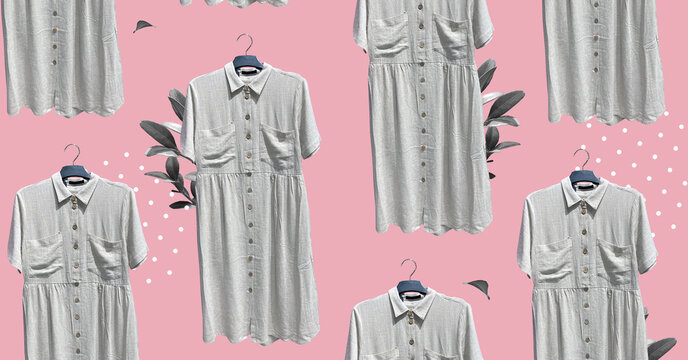 Pattern Of Loose Linen Shirt Dress With Pockets Short Sleeve On Hanger. Composition Of Clothes. Collage Sale Clothes Banner. Fashion Concept. Linen Long Elegant Dress. Collage Sale Clothes Banner. 