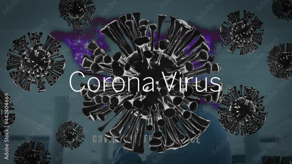 Poster animation of covid 19 text over world map and covid 19 cells