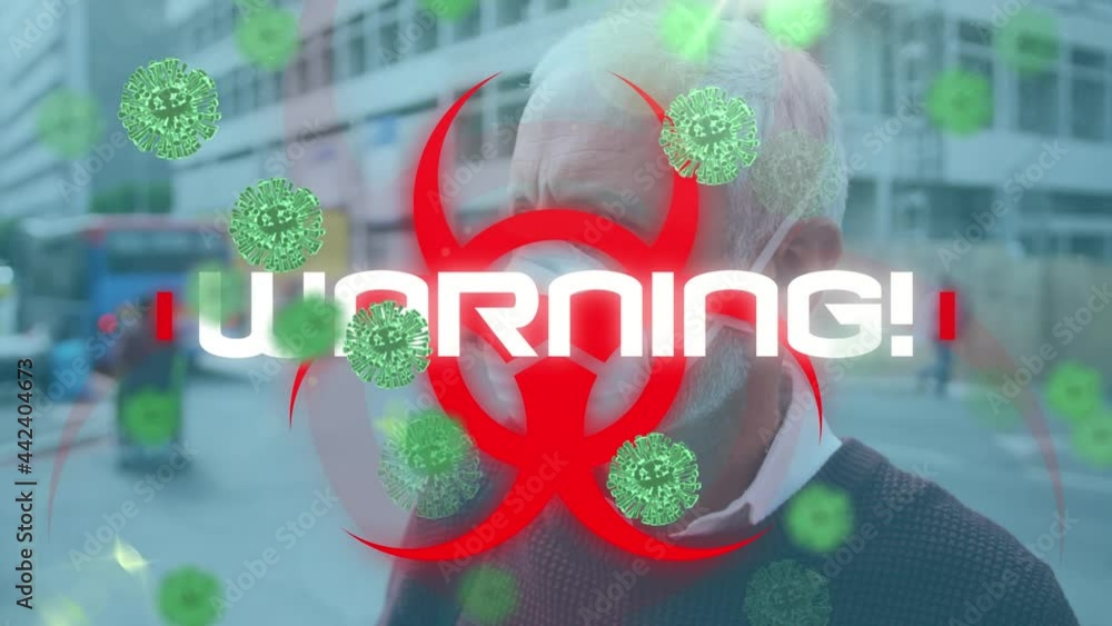Poster animation of covid 19 data processing and cells over biohazard symbol and man in face mask