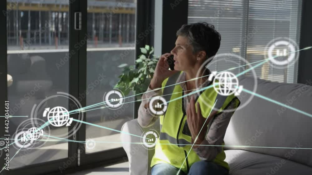 Poster animation of network of connections with icons over female engineer using smartphone