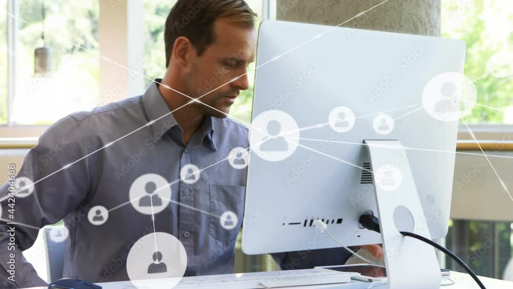 Poster animation of network of connections with icons over businessman using smartphone