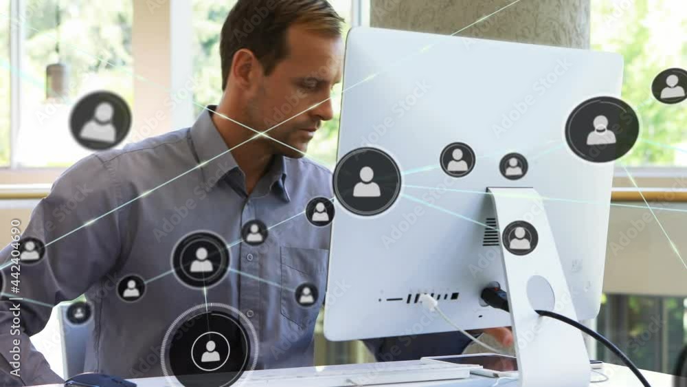 Poster animation of network of connections with icons over businessman using smartphone