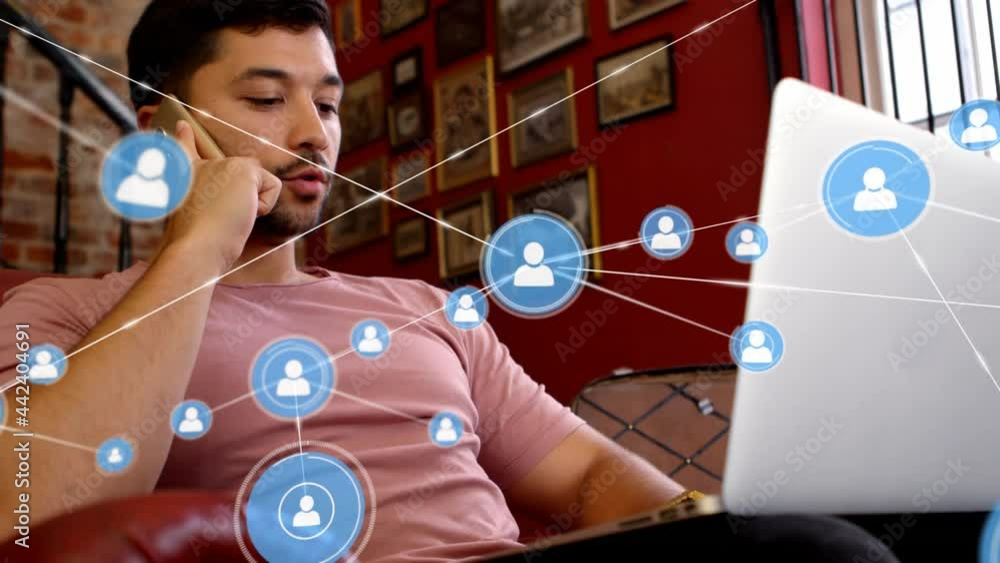 Aufkleber animation of network of connections with icons over man using smartphone and laptop