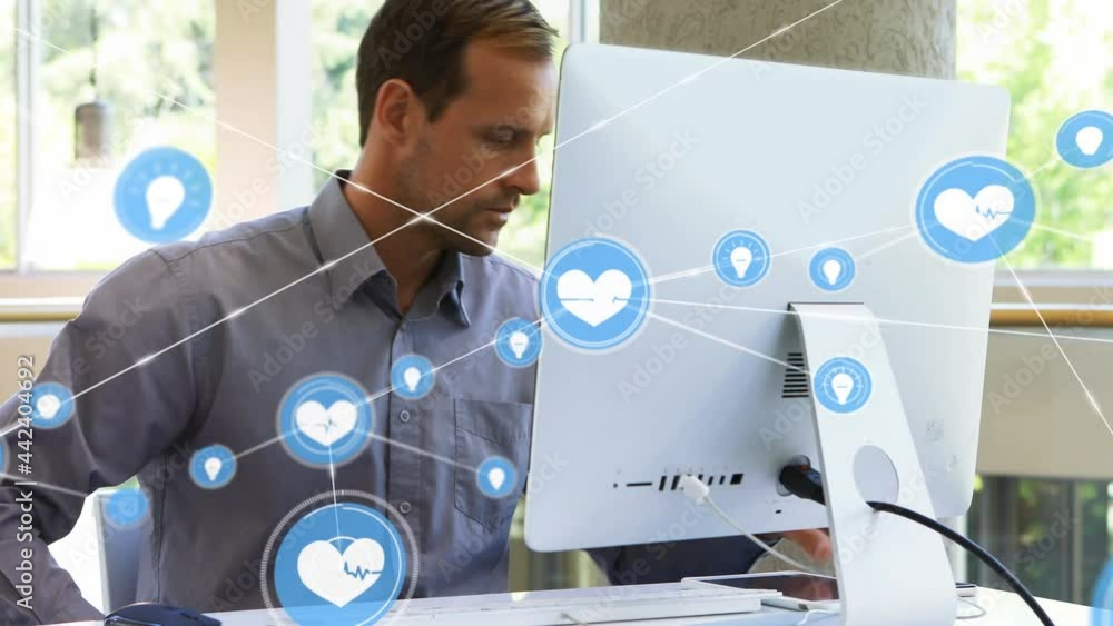 Poster animation of network of connections with icons over businessman using smartphone