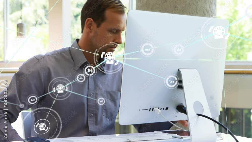 Poster animation of network of connections with icons over businessman using smartphone