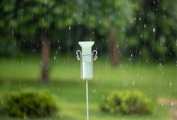 Plastic rain gauge in garden on rainstorm - obrazy, fototapety, plakaty