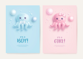 Set of baby shower invitation with cartoon octopus and helium balloons on blue and pink background. It's a boy. It's a girl. Vector illustration