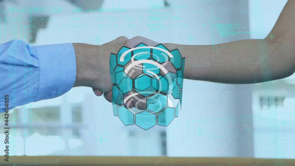 Poster animation of scope scanning and data processing over people shaking hands