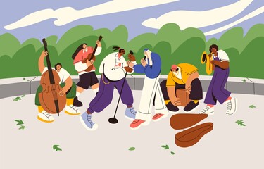 Naklejka premium Group of street musicians playing music instruments and singing outdoor. Entertainment band of singers and instrumentalists in city park. Flat vector illustration of young people with microphone.