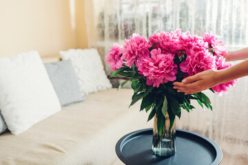 Woman holding bouquet of peonies in vase at home. Pink blooms put on coffee table. Interior and decor