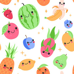 Funny cute baby fruits with smiling face cartoon seamless pattern. Happy kawaii tropical food repeat background. Magic stars, exotic characters in flat doodle style. Modern trendy vector illustration