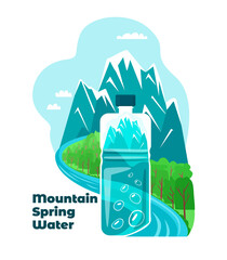 Vector illustration for Labels, Advertising of Pure, Natural, Useful, Mountain, Artesian, Spring, Mineral Water. An enlarged Water Bottle is depicted against Background of Mountains, Nature, Forests.