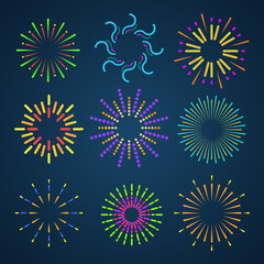 Set of colorful fireworks icons.