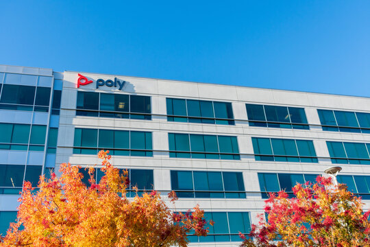 Poly sign, logo on headquarters building. Poly is an electronics company producing audio communications equipment for business and consumers. - San Jose, California, USA - 2020