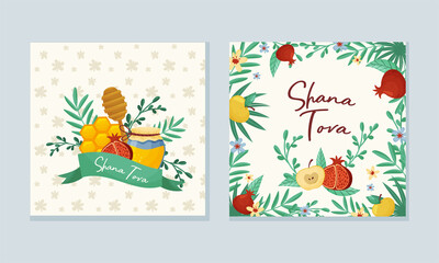 Rosh Hashana Jewish Holiday Greeting Card with Attributes and Symbolic Food Vector Set