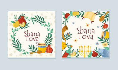 Rosh Hashana Jewish Holiday Greeting Card with Attributes and Symbolic Food Vector Set
