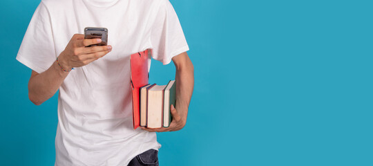 isolated student hands with mobile phone and books