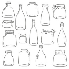 Vector collection with pots and bottles in hand drawn style isolated on a white background. 