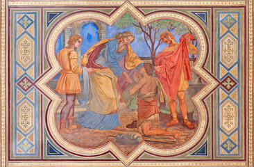 VIENNA, AUSTIRA - JUNI 24, 2021: The fresco of scene comeback of Prodigal son in the Votivkirche...
