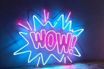 Pink and blue neon sign wow. Trendy style. WOW. Neon sign. Custom neon. Home decor. - Powered by Adobe