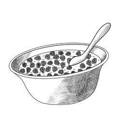 black and white graphic bowl with raspberry jam