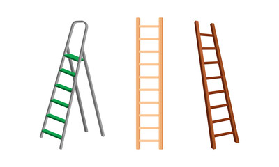 Wooden and Metal Step Ladder for Domestic and Construction Need Vector Set