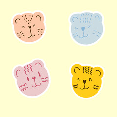 A set of stickers of tiger muzzles in pastel colors. Hand drawn vector illustration for decor and design.
