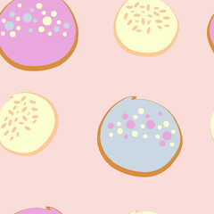 Seamless bakery pattern of fruit buns with icing. Design for T-shirt, textile and prints. Hand drawn vector illustration.
