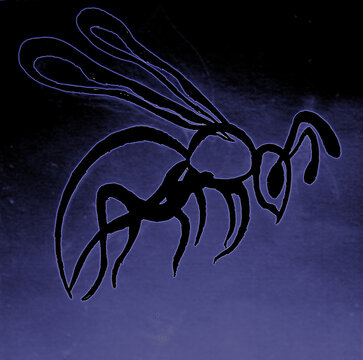 Graphic stylized image of a wasp in glowing contour on the dark background