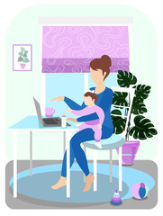 Mother works at home. Happy young female freelancer holds a baby in her arms and works online on a laptop. Vector illustration in a flat style.