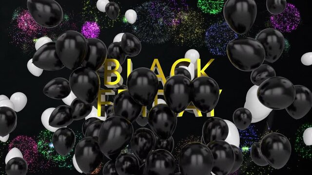 Animation of black friday text, balloons and fireworks on black background