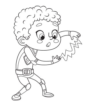 Coloring Page of Super Hero Children. Boys and Girls wearing costumes of superheroes Coloring book. Cartoon vector characters of Kids Superheroes