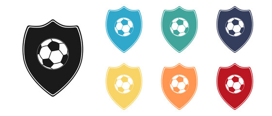 Shield and ball. Football league or tournament logo badges set. Flat vector isolated on white.