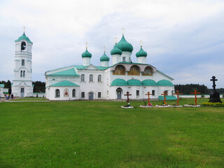 Fototapeta na wymiar Alexander Svirsky Monastery is a Russian Orthodox monastery situated deep in the woods of the Leningrad Oblast. Staraya Sloboda Village, Russia 