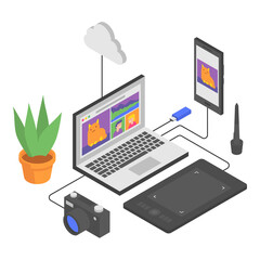 Laptop smartphone graphic tablet camera flash drive cloud flower. Composition in isometric. Vector Illustration