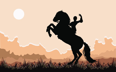 silhouette of a rider riding a rearing horse, isolated on a white, colored, landscape background