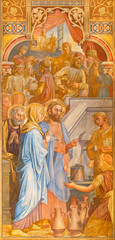 VIENNA, AUSTIRA - JUNI 24, 2021: The fresco of the Wedding at Canna in the Votivkirche church by brothers Carl and Franz Jobst (sc. half of 19. cent.). - obrazy, fototapety, plakaty