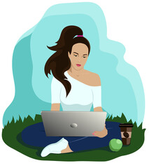 A young girl freelancer with dark hair sits on the grass in a park with crossed legs and works with a laptop. The concept of remote work and study. Vector illustration in a flat style.