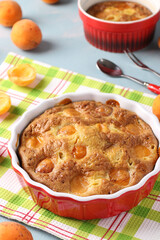 Clafoutis with apricots is a delicious French cuisine dessert. Close-up.
