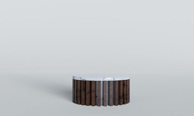 3d dark wood and white marble podium with golden line for advertising. Blank product stage.