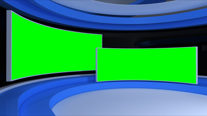 Virtual studio. Tv Studio.. TV on wall. News studio. The perfect backdrop for any green screen or chroma key video or photo production. 3D rendering