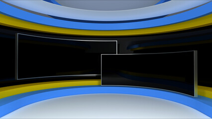 Virtual studio. Tv Studio.. TV on wall. News studio. The perfect backdrop for any green screen or chroma key video or photo production. 3D rendering.