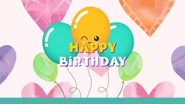 Animation of the words happy birthday in yellow and white with floating balloons over hearts on pink