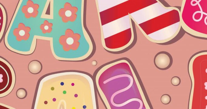 Animation of words bake sale in colourful icing letters with balloons floating on blue
