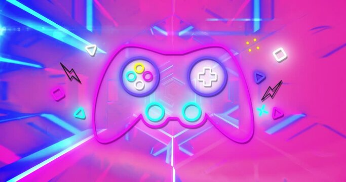Animation of neon game control pad flickering on vibrant neon background