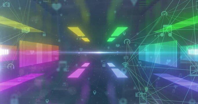 Animation of network of connections in neon tunnel background