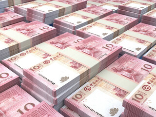 Macanese money. Macanese pataca banknotes. 10 MOP patacas bills.