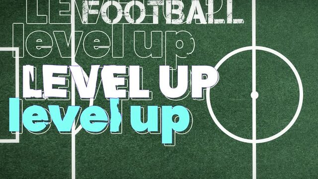 Animation of words level up in white and blue over word football on pitch